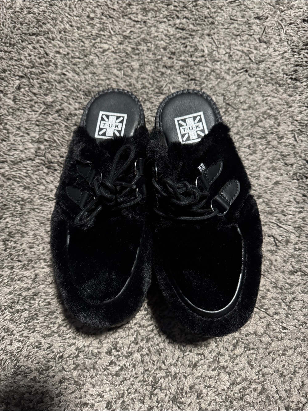 T.U.K Women's Black Faux Fur Lace-Front Mule Clogs